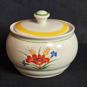 Vintage Arabia Sugar Bowl w Lid Finland Vintage Orange Poppy Red Yellow Suomi 3"